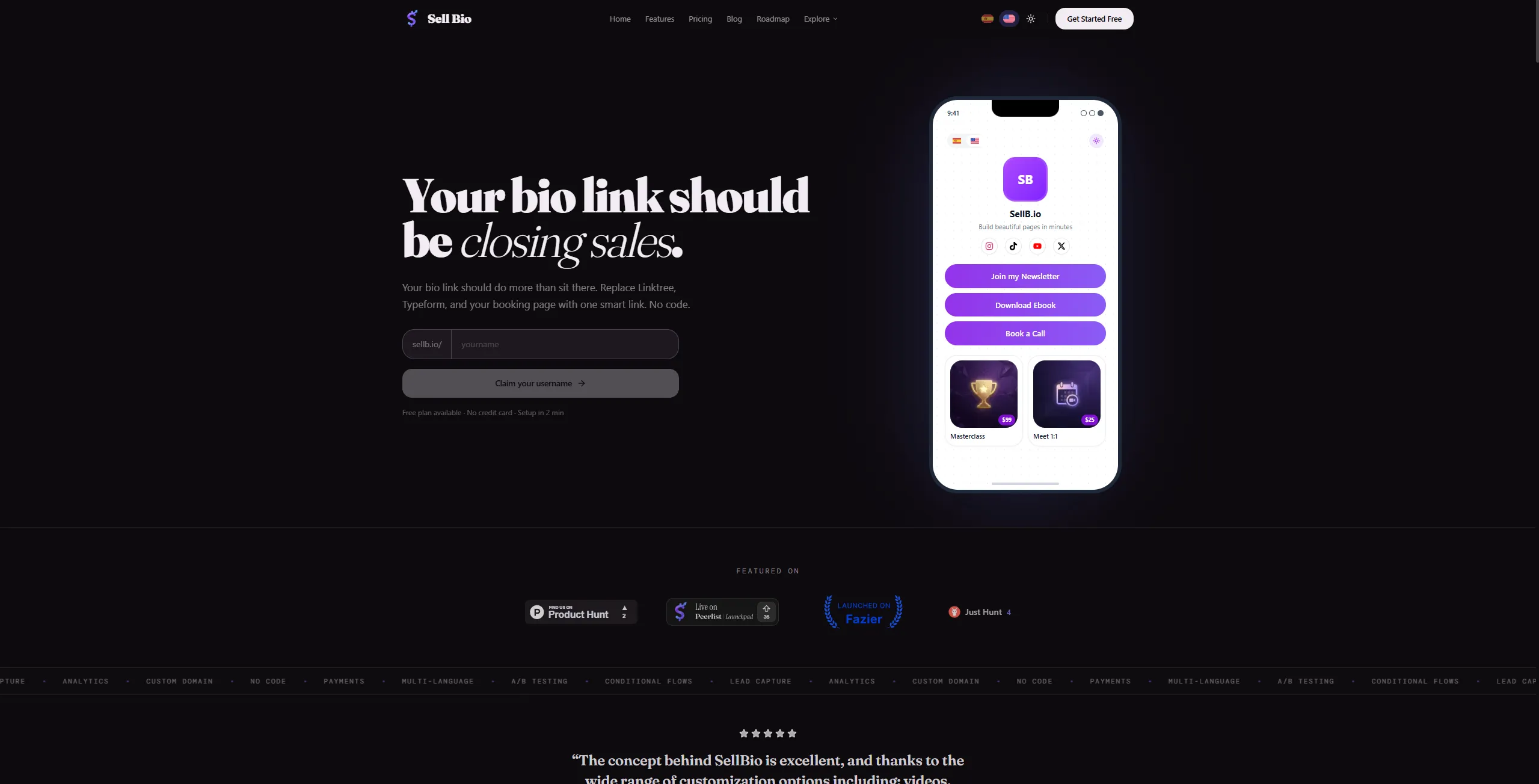 Página principal de SellB.io — "Your bio link should be closing sales"