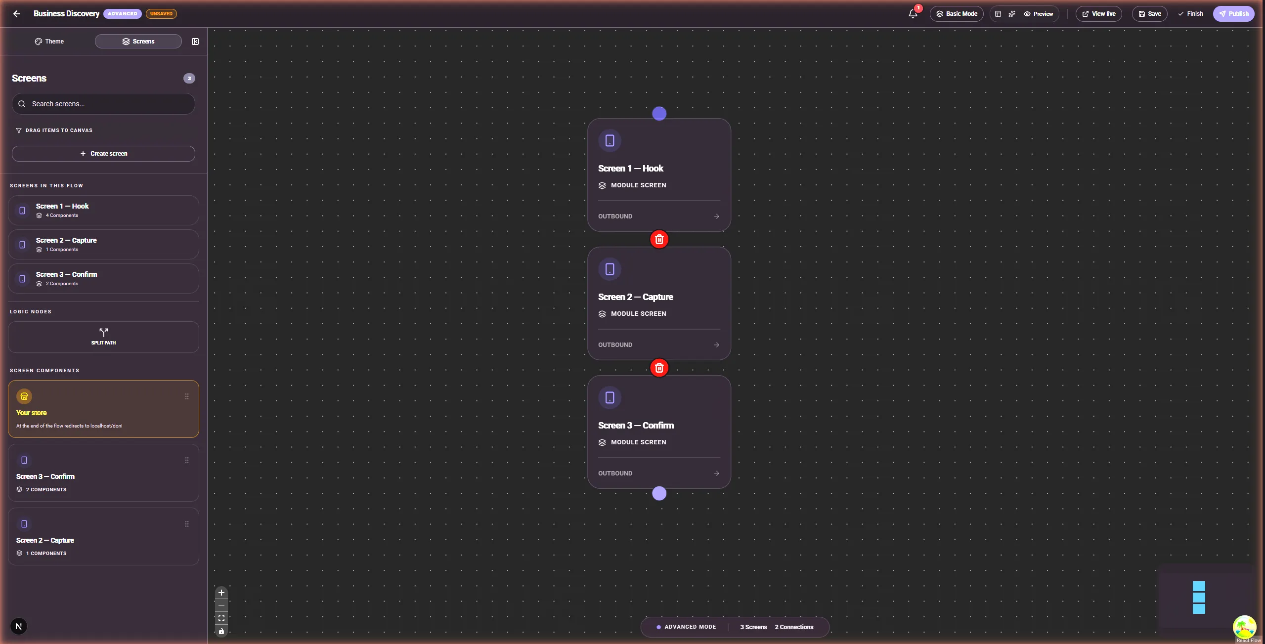 SellB.io advanced flow builder — drag-and-drop screens with split path logic on a visual canvas