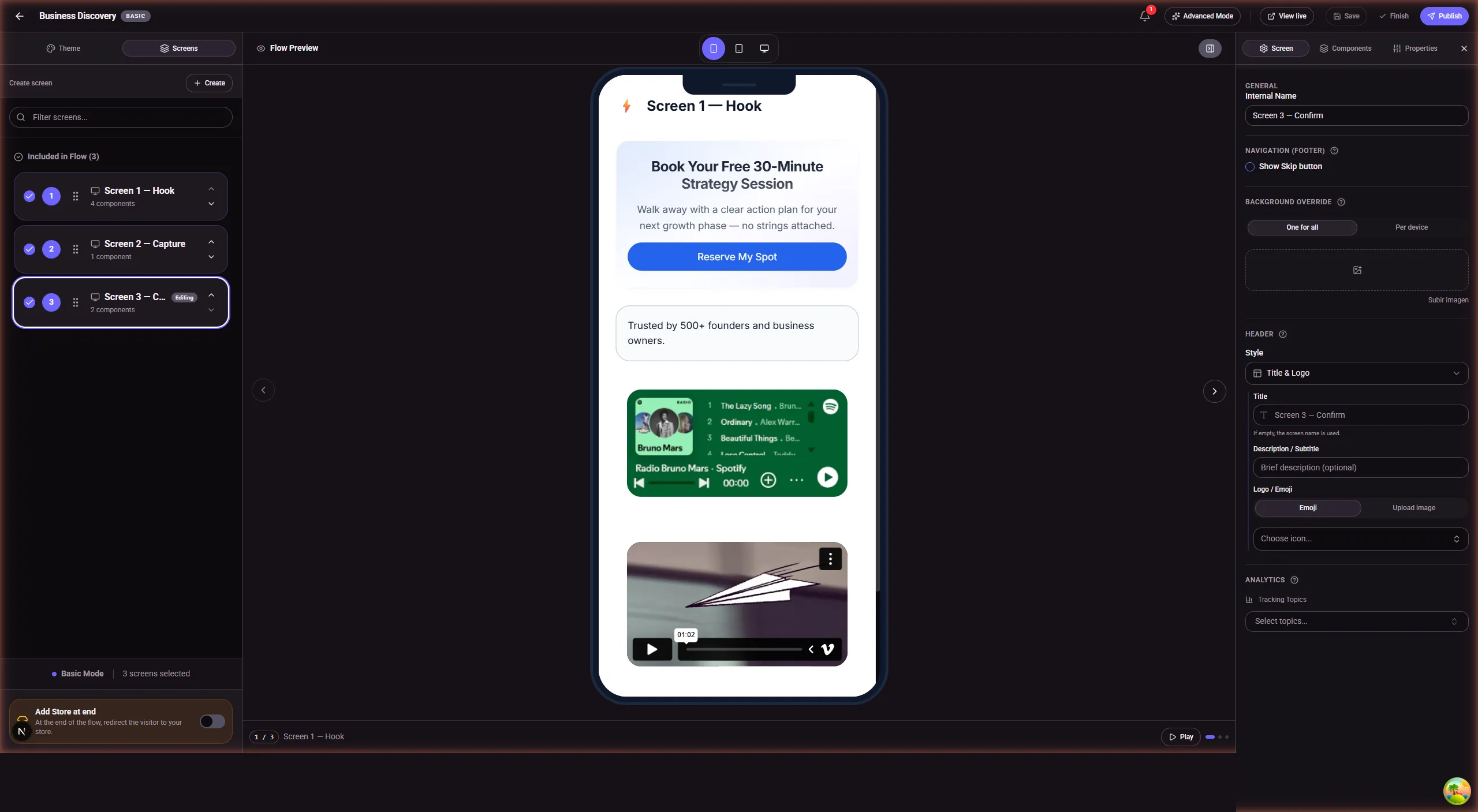 SellB.io screen editor — mobile preview with CTA, social proof, Spotify embed, and video