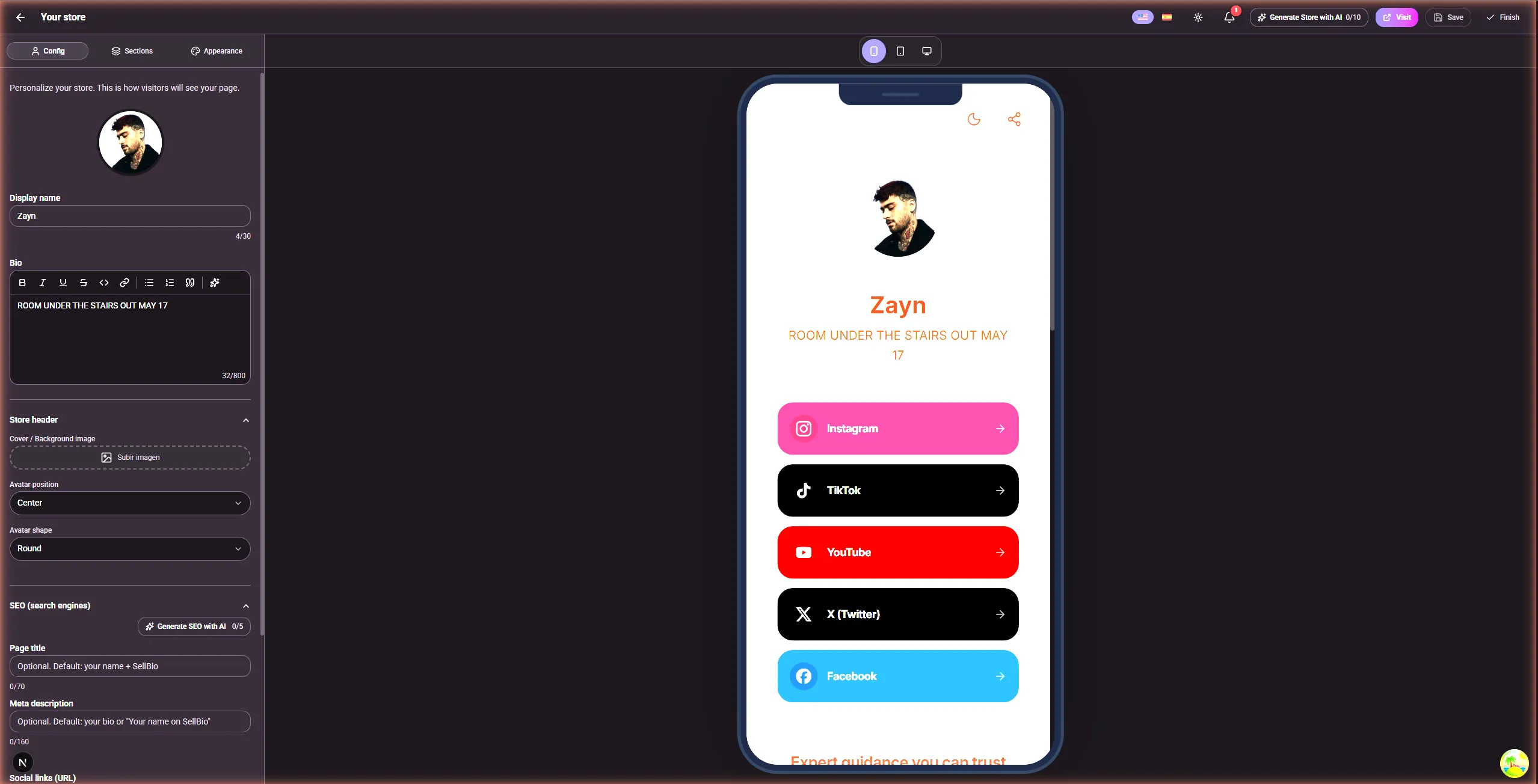 SellB.io store editor — configure your bio page with live mobile preview, social links, and AI generation